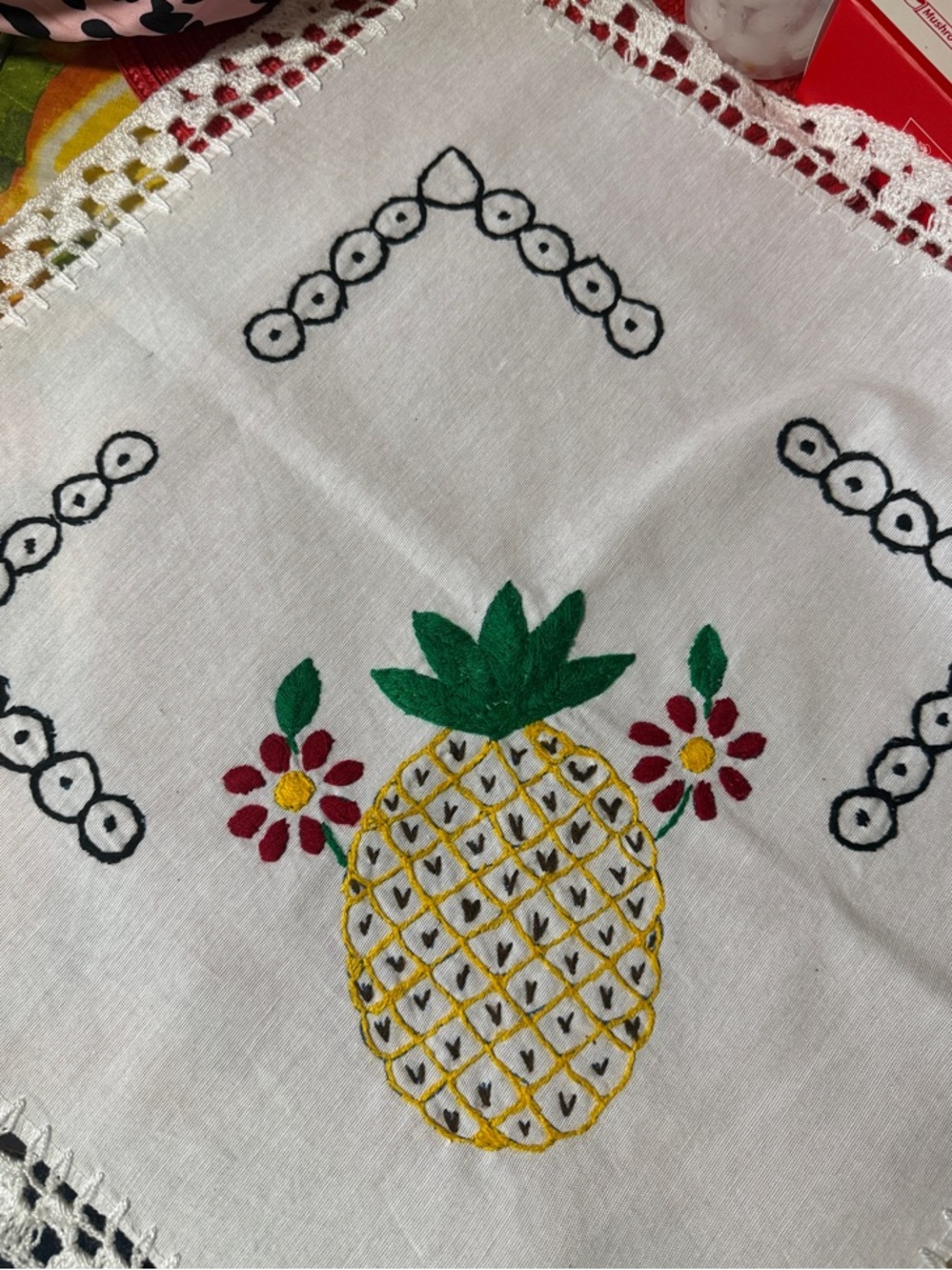 Hand-Embroidered Pineapple Square - Yellow, Green, Red